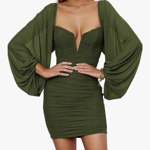 Chic Olive Green Mini Dress with Draped Sleeves